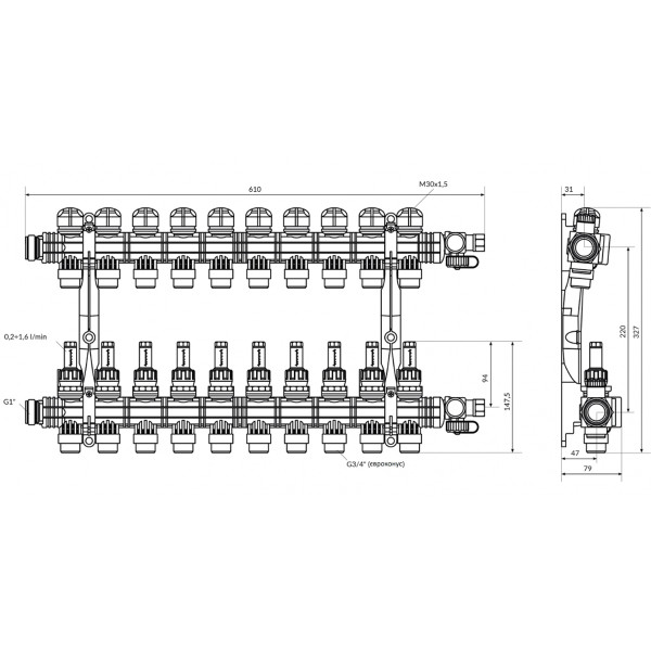 Колектор Afriso ProCalida EF1 K 10 контурів, G1", 0,2-1,6 л/хв