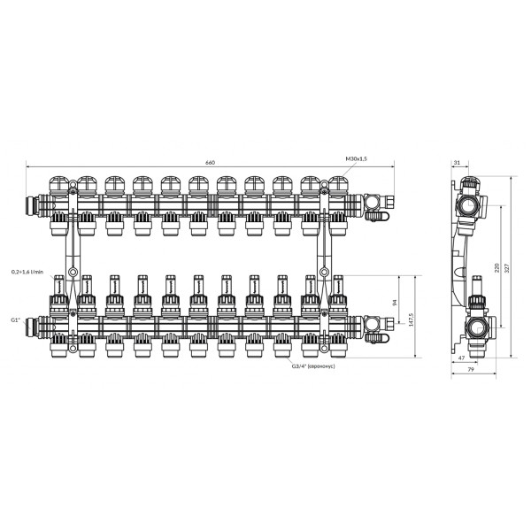 Коллектор Afriso ProCalida EF1 K 11 контуров, G1", 0,2-1,6 л/мин
