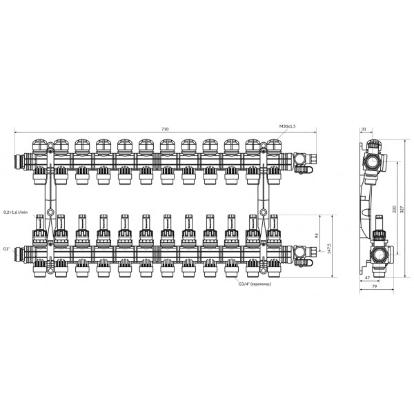 Коллектор Afriso ProCalida EF1 K 12 контуров, G1", 0,2-1,6 л/мин