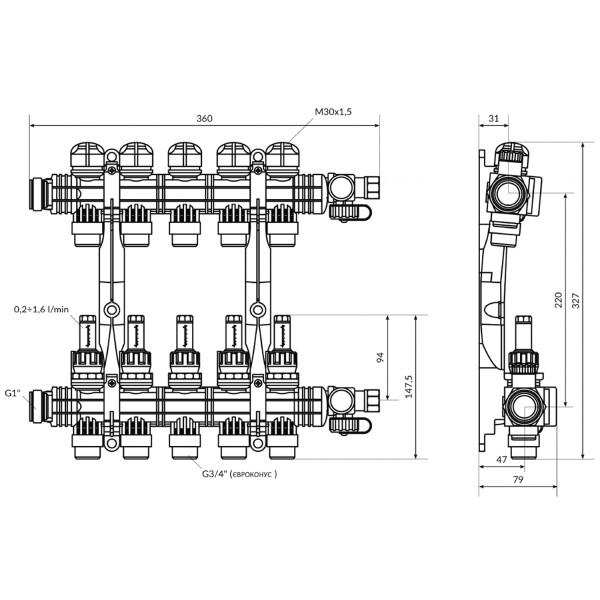 Колектор Afriso ProCalida EF1 K 5 контурів, G1", 0,2-1,6 л/хв