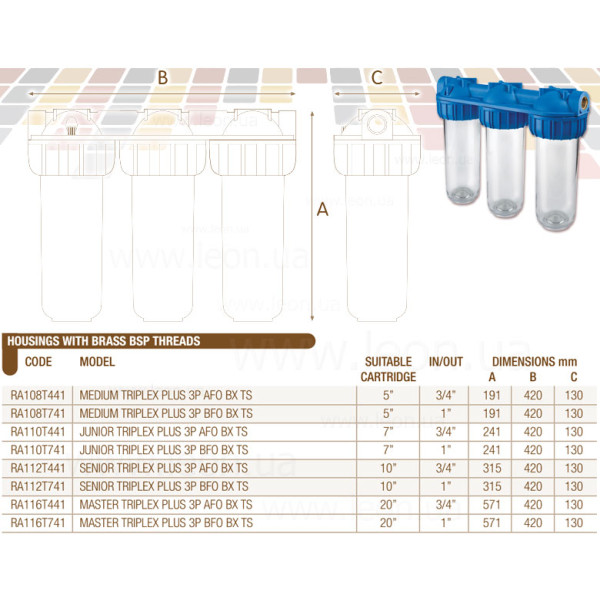 Фільтр-колба TRIPLEX PLUS 3P 1 ″ (латунь) 10 ″ (senior) BFO SX TS 45°C 8 bar Atlas Filtri Italia s.rl.