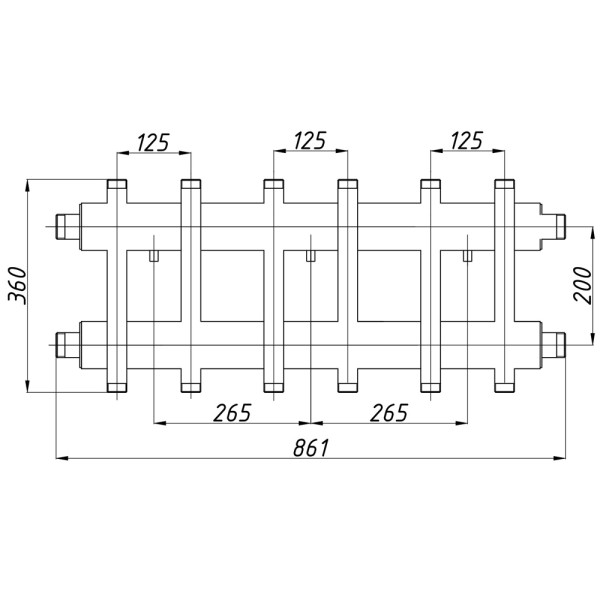 Коллектор Termojet К62ВН125(200) 72 kW, без изоляции, 6+1 контуров, выходы вверх и вниз