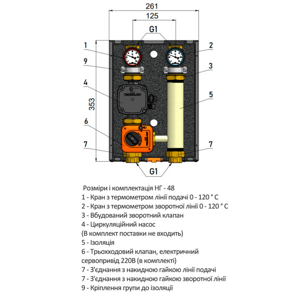 Насосная группа Termojet НГ-48 со смешивающим узлом 1", в кожухе, под насос с базой 130 мм