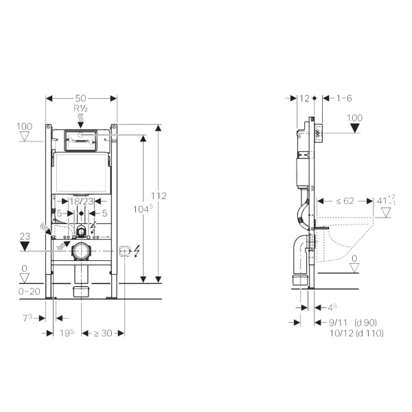 Инсталляционная система Geberit Duofix для подвесного унитаза, 112 см, Delta, крепление к стене + звукоизоляционный комплект (без клавиши смыва)