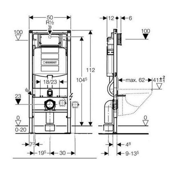 Инсталляционная система Geberit Duofix для подвесного унитаза, 112 см, с бачком скрытого монтажа Sigma 12 см (без креплений и клавиши смыва)