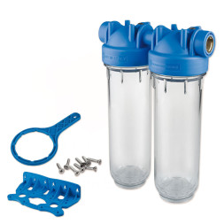 Фільтр-колби DP DUO TS (прозорі) Ø1″ OT (латунь) 10″ 45° 8 bar KIT Atlas Filtri s.r.l.