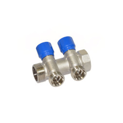 Колектор кутовий Ø1″ x 2 виходи x 3/4″ EK (сині ручки) нікель Carlo Poletti Srl