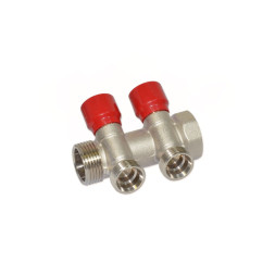 Колектор кутовий Ø1″ x 2 виходи x 3/4″ EK (червоні ручки) нікель Carlo Poletti Srl