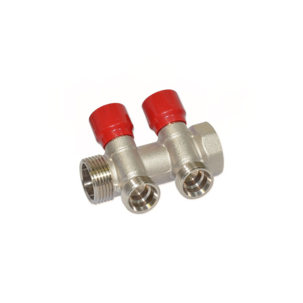 Колектор кутовий Ø1″ x 2 виходи x 3/4″ EK (червоні ручки) нікель Carlo Poletti Srl