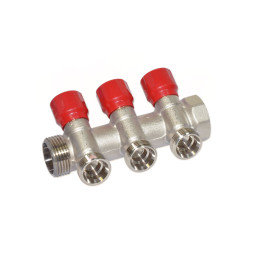 Колектор кутовий Ø1″ x 3 виходи x 3/4″ EK (червоні ручки) нікель Carlo Poletti Srl