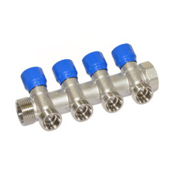 Колектор кутовий Ø1″ x 4 виходи x 3/4″ EK (сині ручки) нікель Carlo Poletti Srl