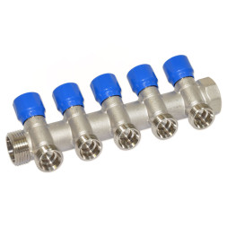 Колектор кутовий Ø1″ x 5 виходів x 3/4″ EK (сині ручки) нікель Carlo Poletti Srl