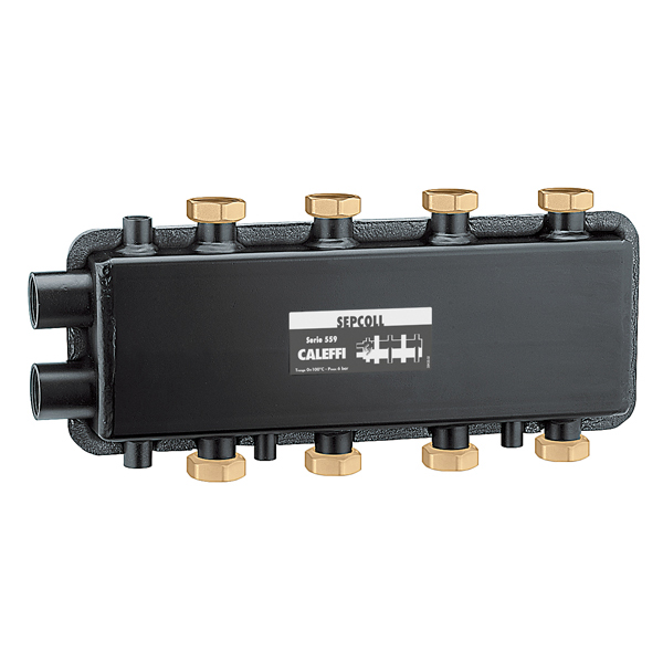 Гідравличний сепаратор-колектор SEPCOLL® Ø1 1/4″ В x 1 1/2″ В (накидні гайки) 2+2 пари 125 мм 6 bar 0÷110°C CALEFFI