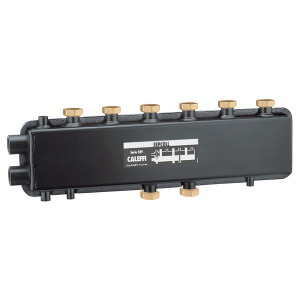 Гідравличний сепаратор-колектор SEPCOLL® Ø1 1/4″ В x 1 1/2″ В (накидні гайки) 3+1 пари 125 мм 6 bar 0÷110°C CALEFFI