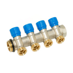 Колектор кутовий SMART-SEAL 1″ x 4 виходи x 3/4″ EK (сині ручки) нікель Carlo Poletti Srl