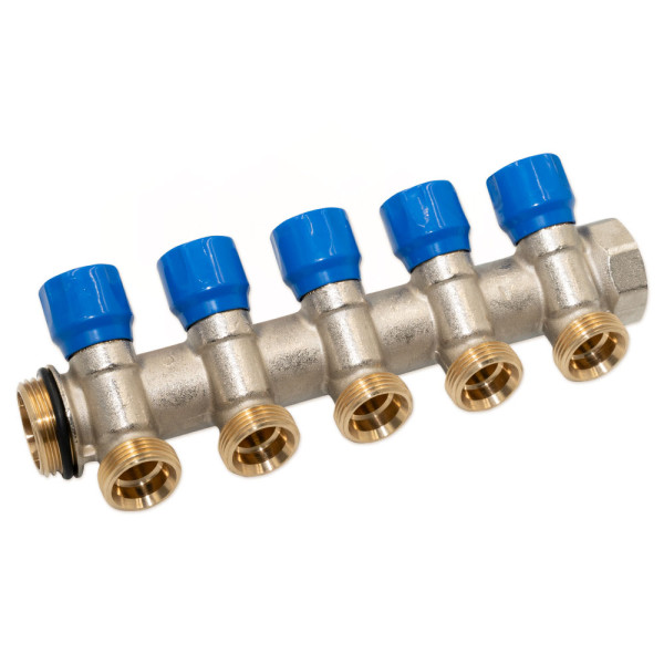 Колектор кутовий SMART-SEAL 1″ x 5 виходи x 3/4″ EK (сині ручки) нікель Carlo Poletti Srl