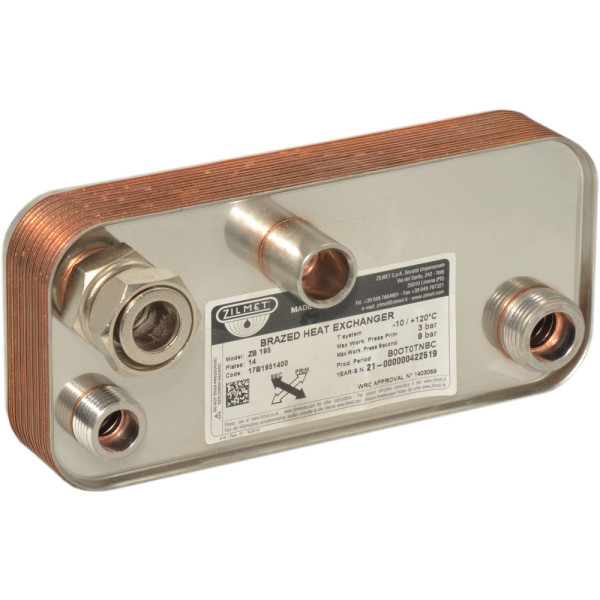 Теплообмінник ZB 195 (INOX AISI 316L) 14 пластин Ø1/2″G / Ø3/4″G / Ø3/4″НГ / Ø21мм -10/+120°C Zilmet S.p.A.