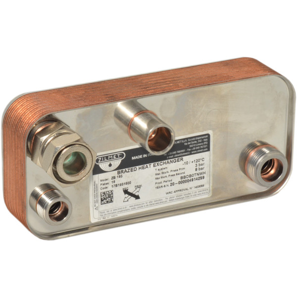 Теплообмінник ZB 195 (INOX AISI 316L) 16 пластин Ø1/2″G / Ø3/4″G / Ø3/4″НГ / Ø21мм -10/+120°C Zilmet S.p.A.