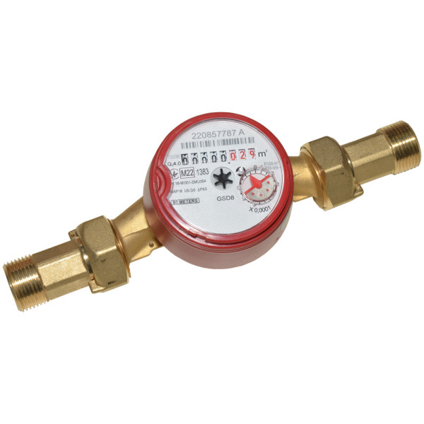 Счетчик воды со штуцерами GSD8-I R 100 Ø3/4″ ГВ 30°С-90°С L=130 мм Qn= 4 м³/ч B METERS S.R.L.