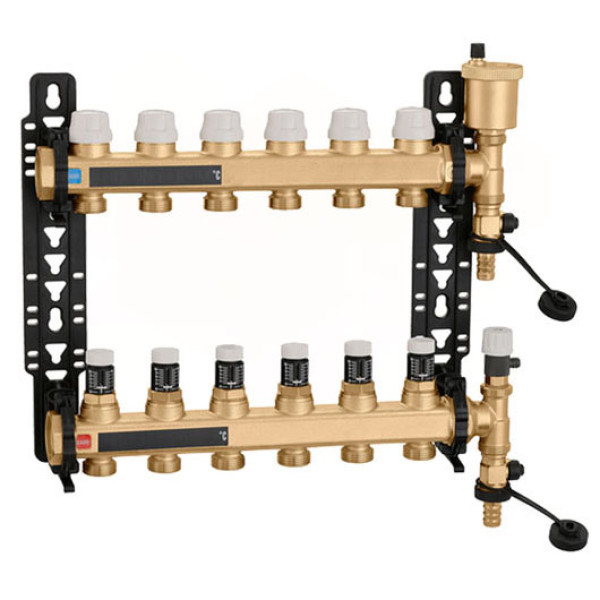 6626G6 Коллектор латунный с микрометрами Ø1″ В х 7 х 3/4″ С в сборе 5÷80°C 10 bar Caleffi S.p.a.